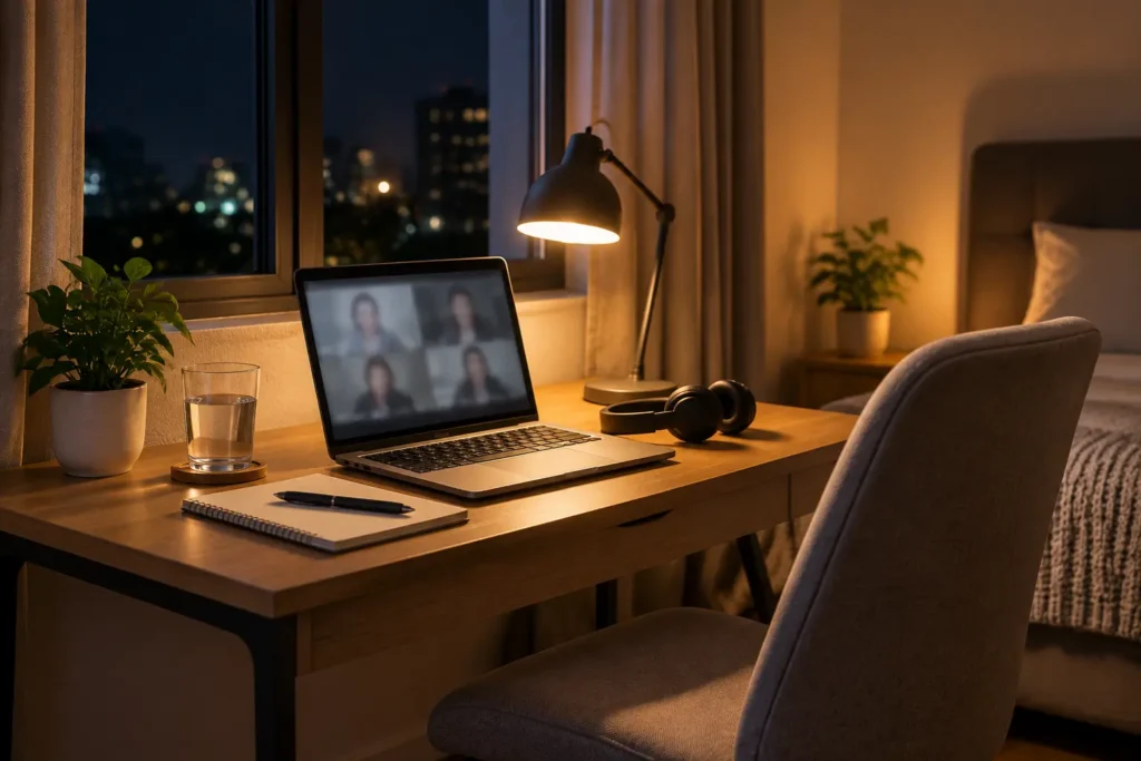 Professional home interview setup at night