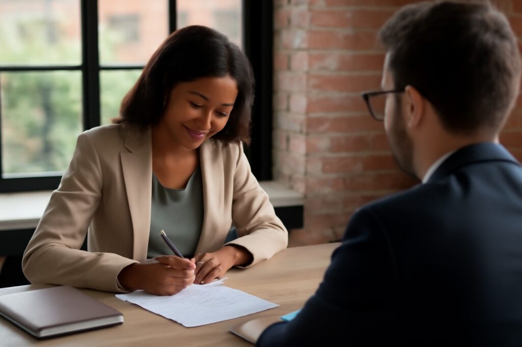 Professional woman writing a cover letter in an office.