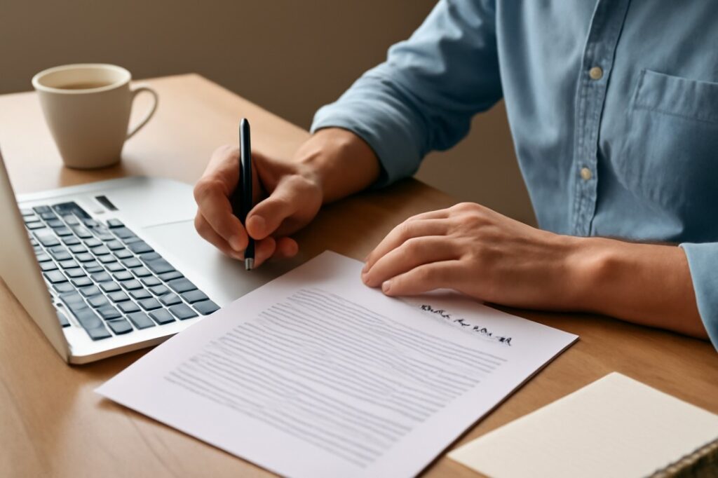 Person reviewing a cover letter on a wooden desk