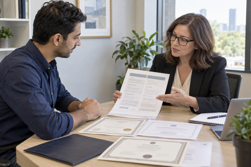 International job candidate reviewing foreign qualifications with a credential evaluator