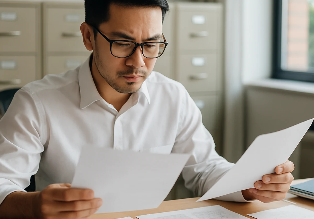 A professional seated at an office desk comparing multiple documents