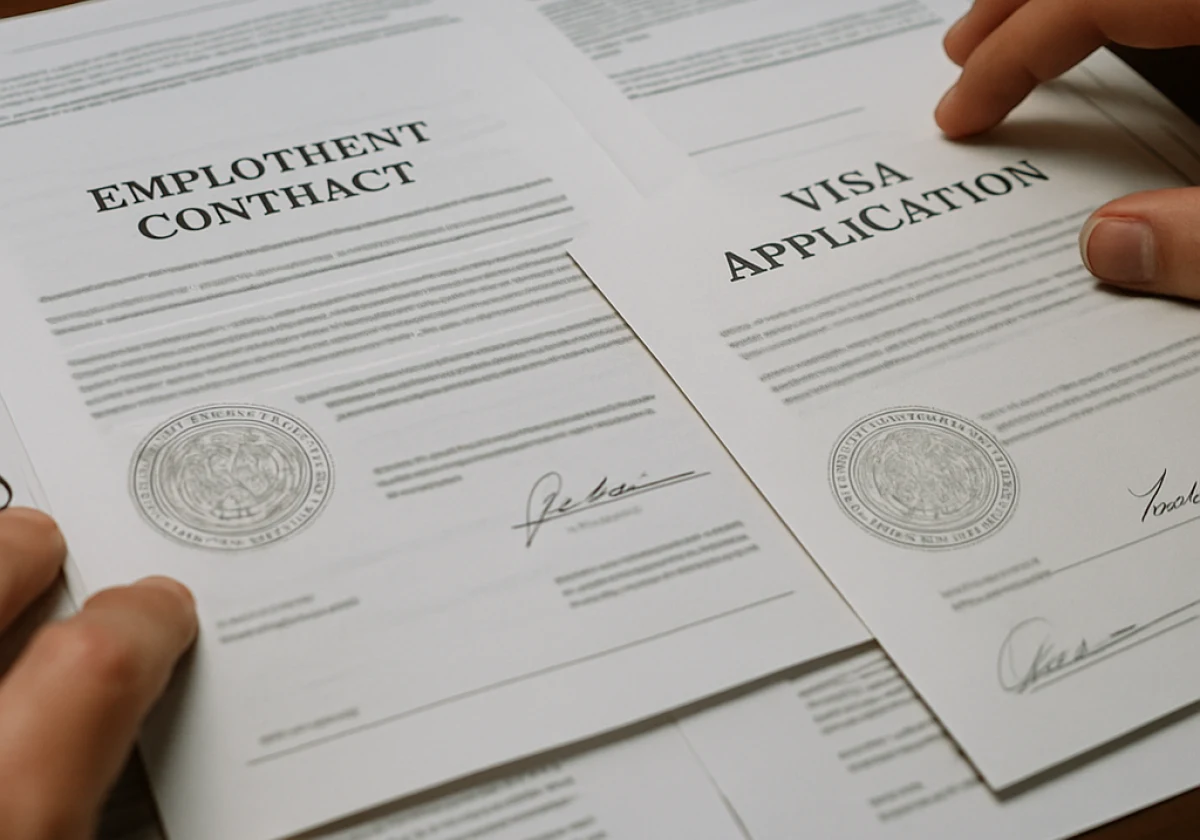 Close-up photograph of official-looking employment contracts and visa