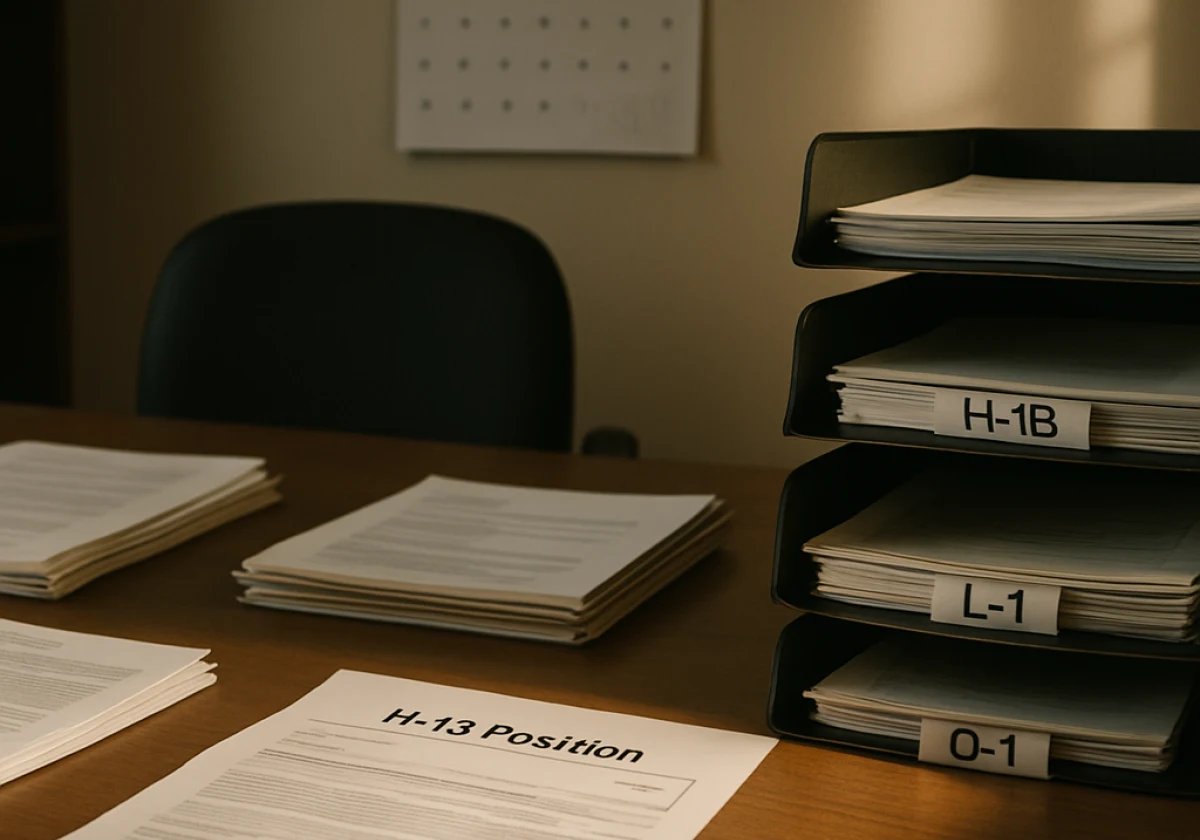 Document-filled desk in an immigration attorney's office