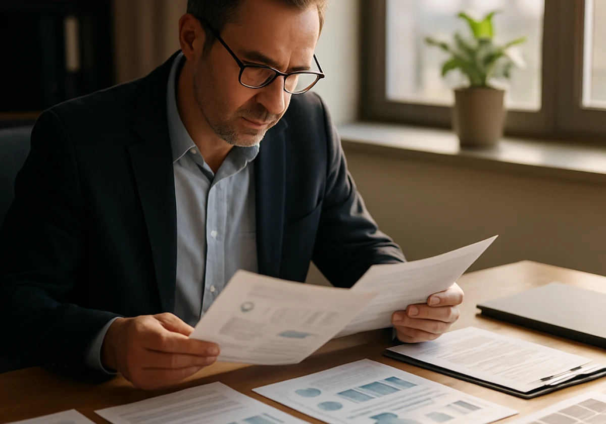 Hiring manager seated at a wooden desk reviewing work portfolio