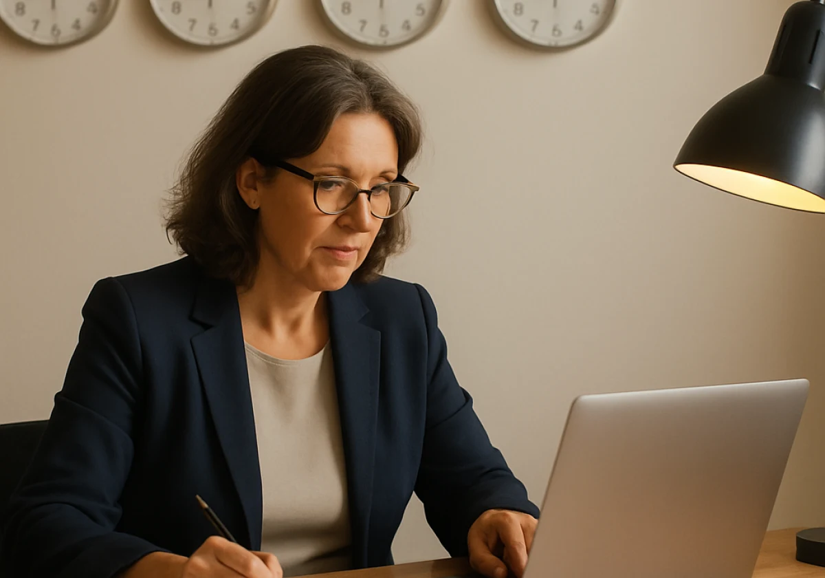 Middle-aged professional woman working at a home office desk