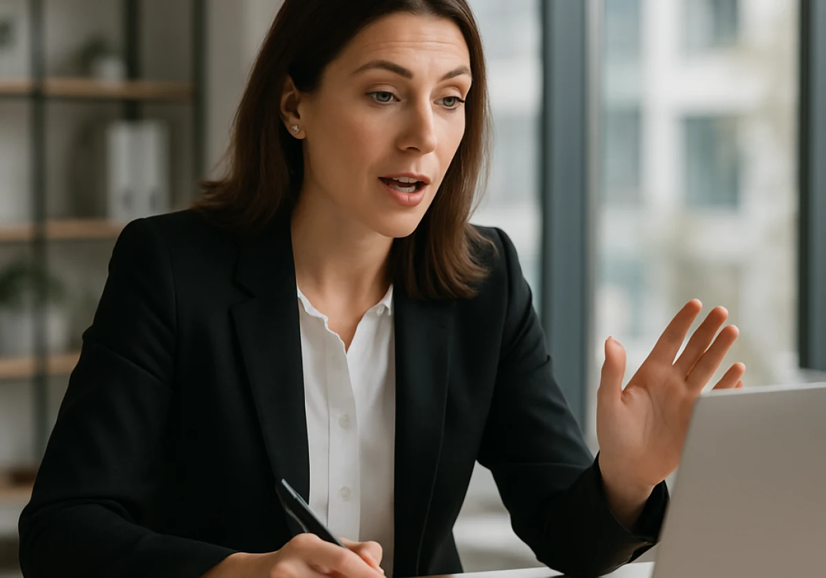 Recruitment specialist mid-video interview at a laptop