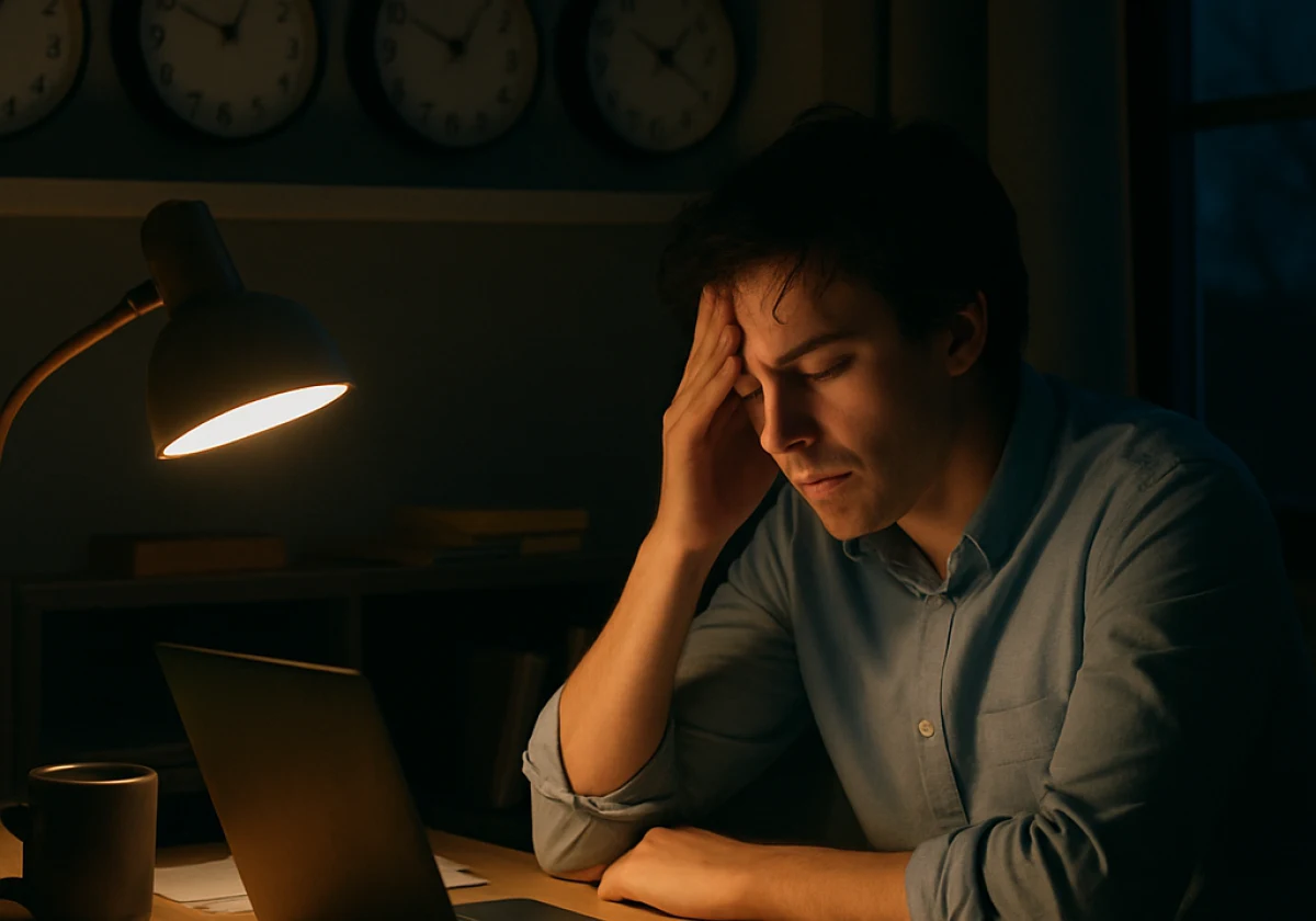 Tired professional sitting at a desk in their home office at 4 AM,
