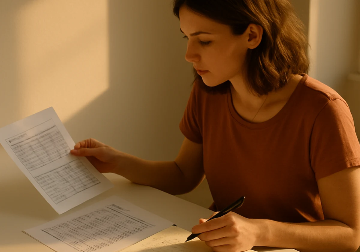 Woman in her late twenties at a minimalist white desk in golden-hour