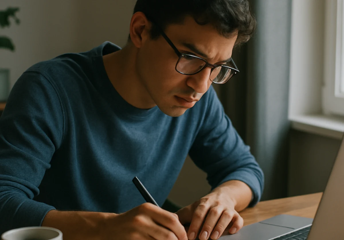 Young professional seated at a home desk with a laptop open